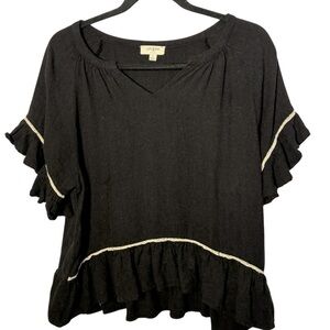 Umgee Lagenlook Linen Blend top black women’s small loose ruffled sleeves